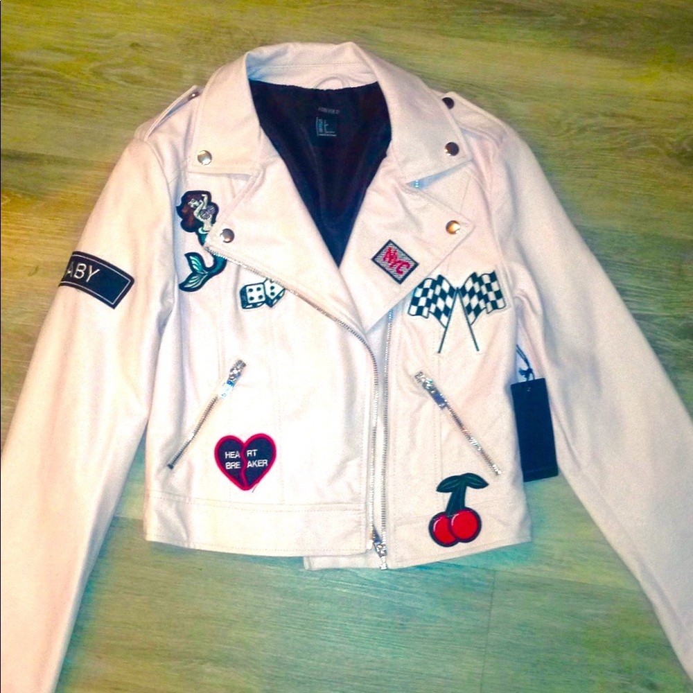 Forever 21 pink faux leather patched moto jacket - Picture 1 of 5